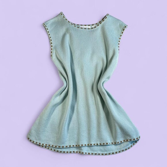 Jeanne Pierre Baby Blue Sleeveless Knit Sweater M | Brown Polka Dot Trim - Picture 1 of 6